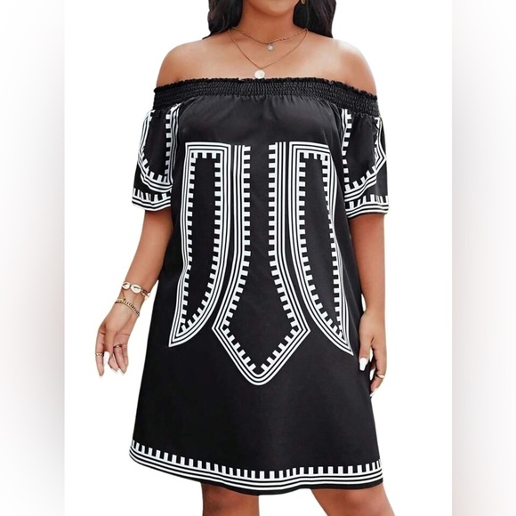 SHEIN VCAY NEW Plus Geo Print Off Shoulder Half Sleeve Tunic Dress 2XL - Picture 4 of 5